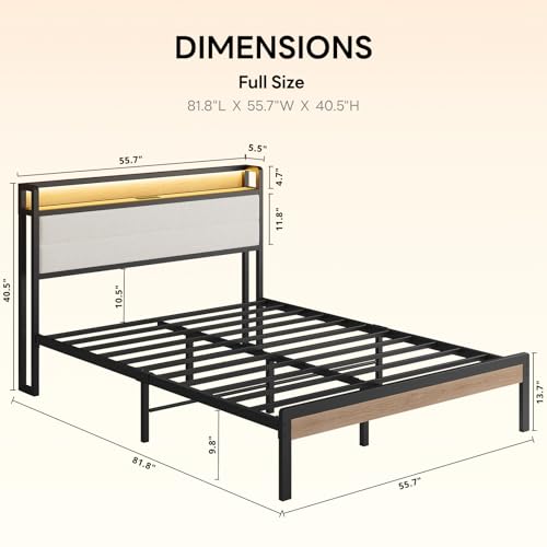 Image of LIKIMIO Full Bed Frame with Storage Headboard and LED Lights, Metal Platform Bed with Charging Station, Noise Free, No Box Spring Needed, Under Bed Storage, Natural and Cream