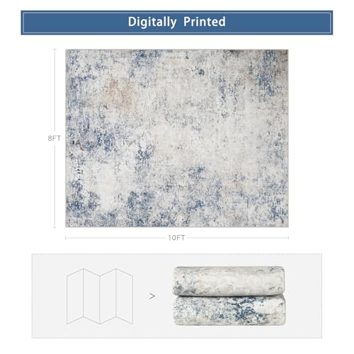 Washable Rugs 8x10 Area Rugs for Living Room,Modern Abstract Rugs for Bedroom,Large Carpets,Ultra Soft Faux Wool Retro Dining Room Rug,Non Slip&Non-Shedding Low Pile Print Rug- Blue Beige