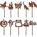 Gucass 10 Stück Gartenstecker Rost, Halloween Gartendeko mit Rostoptik, Halloween Deko Garten Stecker Metall mit Hexe, Kürbis, Katze, Rabe, Grabstein, Kreuz & Zombiehand für Outdoor, Rasen & Hof