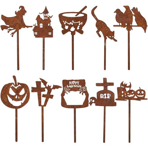 Gucass 10 tappi da giardino in ruggine, decorazione da giardino per Halloween, decorazione da giardino con strega, zucca, gatto, corvo, pietra lapide, croce e zombie per esterni, prato e cortile