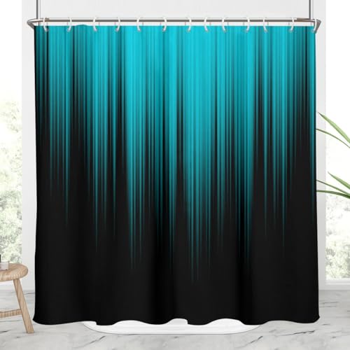Image of AAtter Teal and Black Shower Curtain Standard Turquoise Aqua Ombre Abstract Striped Gothic Mens Blue Unique Funny Art Home Bathroom Decor Bathtub Set with 12 Hooks, 72x72, Modern