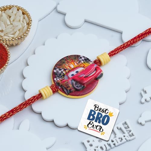 Image of eCraftIndia Cartoon Car Design Rakhi for Kids Girls Boys with Best Bro Ever Fridge Magnet | Raksha Bandhan Fridge Magnet Kids Rakhi for Brother Bhaiya Bhai | Roli Chawal Pack
