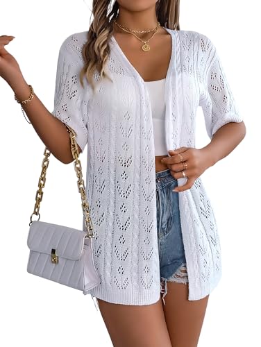 Beautiful Nomad Women's Summer Short Sleeve Crochet Cardigan Sweaters Lightweight Boho Knit Kimono Outwear White