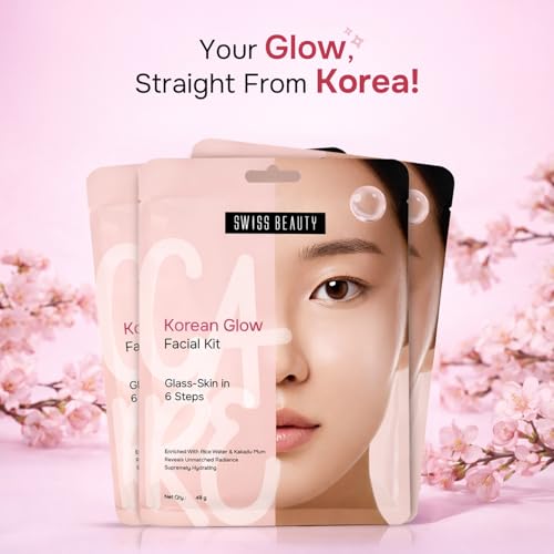 Image of Swiss Beauty Care Korean Glow Facial Kit | 6-Steps For Glass-Skin | Adds Instant Radiance | Fades Dark Spots | Clarifies & Nourishes | With Kakadu Plum & Rice | 49g