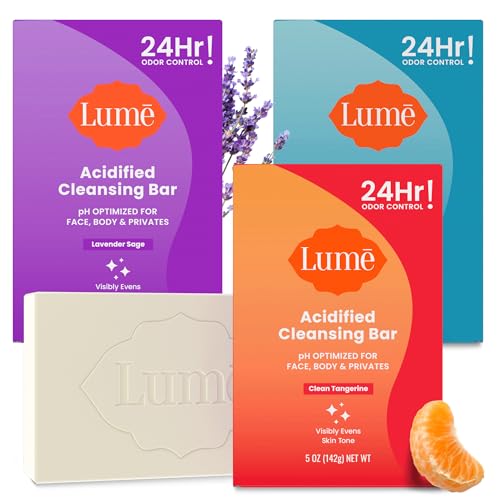 Lume Acidified Body Cleansing Bar - 24 Hour Odor Control - Removes Odor Better Than Soap - Moisturizing - No SLS or Parabens - OB/GYN Developed - 8.5 Ounce 3 Pack (Tangerine Lavender & Unscented)
