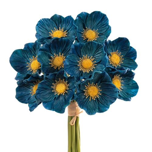 Image of WELL KNOWN Blue Artificial Flower with Stems, 10pcs PU Real Touch Poppy Fake Flowers for Veterans Day Independence Day Floral Arrangement Graduation Home Wedding Bouquets Corsages Decor (Peacock Blue)