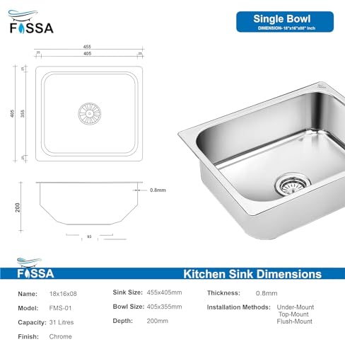 Image of Fossa 18x16x9 Inch ๐-๐๐๐๐ ๐๐๐๐๐๐๐๐ Single Bowl Stainless Steel Kitchen Sink with Coupling Heavy Duty Sink for Home Modular Kitchen Deep Bowl Drain System Silver (Glossy Finish)