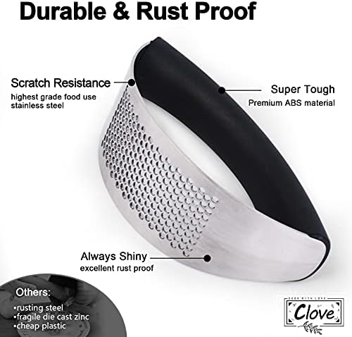 CLOVE Garlic Press Rocker, Wide Handle Garlic Crusher, Extra Sturdy Garlic Chopper Mincer, Premium 18/10 Stainless Steel Garlic Grinder Grater Cutter Ginger Masher Dishwasher Safe w Mini Brush