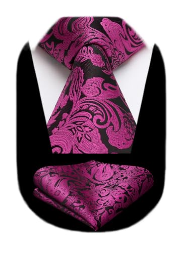 Image of HISDERN Extra Long Ties for Men Classic Floral Tie and Pocket Square Elegant Silk Necktie Handkerchief Set Wedding Party