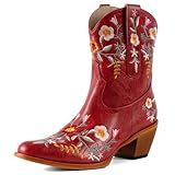 CRYSIGNE Women Flower Embroidered Ankle Cowgirl Boots Square Toe Western Boots Chunky Heel Pull On Short Boots