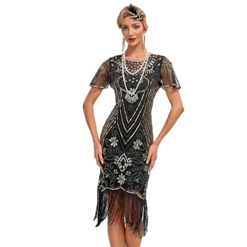 AGYMNX Womens 1920s Flapper Dresses Round Neck Short Sleeve Sparkle Sequins Fringe Great Gatsby Vintage Tassel Party Wedding Cocktail Evening Gown Midi Dress Black Gold M
