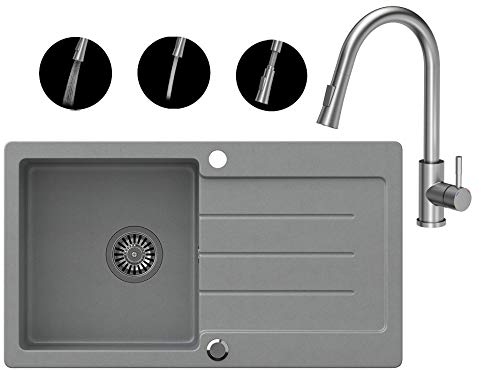 VBChome Spülbecken Grau 77 x 44 cm Granit Einzelbecken Einbauspüle gesprenkelt reversibel Verbundspüle + Siphon Waschbecken Armatur