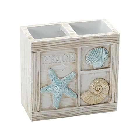Zenna Home Seaside Serenity Toothbrush Holder, Teal/Ivory, Carved Resin Design – Premium Bathroom Toothbrush Holder, Holds Up to 4 Brushes – Electric Toothbrush Holder with Hand-Painted Shells Cover