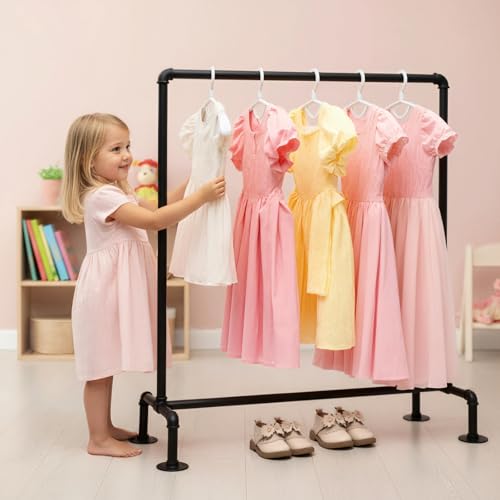 DOFURNILIM Kids Pipes Dress up Clothing Rack, Kids Clothes Rack, Child Garment Rack, Hanging Clothes Rod Storage Shelf Organizers Shelves Shelving, Black Metal