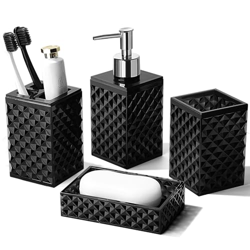 RYTOXILO Black Bathroom Accessories Set 4 Pack Matte Black Bath Accessory Sets Complete Acrylic Soap Dispenser and Toothbrush Holder Set for Bathroom Counter Sink Modern Bathroom Decor
