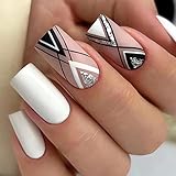 Square Press on Nails Glitter Geometric Line Black Fake Nails White French False Nails Medium Glossy