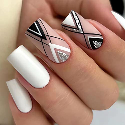 Square Press On Nails Glitter Geometric Line Black Fake Nails White French False Nails Medium Glossy Daily Wear Artificial Nails Glue On Nails For Women Nail Art Manicure Decoration 24Pcs #TOP4
