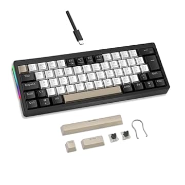 Mini Teclado Mecânico Formato 60% com Fio, Teclas Removíveis, Retroiluminação RGB, 61 Teclas para Jogospara Windows, laptop, PC, Mac - (Branco e Preto-switch Mudo)