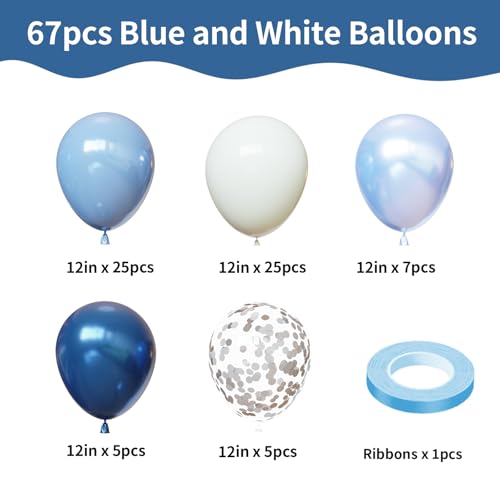 Image of Blue and White Balloons, 67pcs 12 Inch Blue Balloon and White Silver Confetti Balloons for Baby Shower, Birthday, Bridal, Wedding Party Decoration