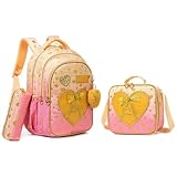 Conjunto de Mochila Infantil 3 Peças, Corações e Laço, Mochila Escolar com Bolsa Térmica e Estojo (Rosa dourado)