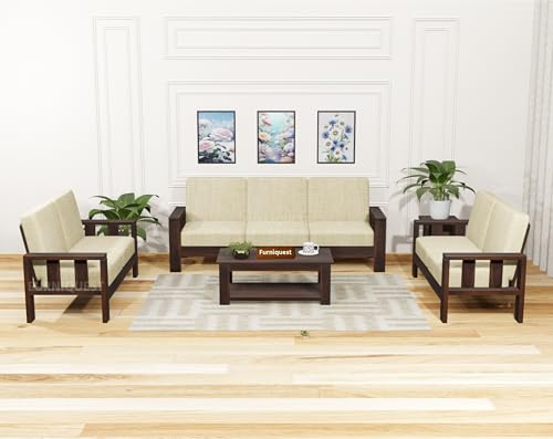 Image of Solid Sheesham Wood 7 Seater Sofa Set for Living Room | Wooden Sofa Set for Living Room Furniture 3+2+2 | Solid Wood Sofa Set | Walnut Finish