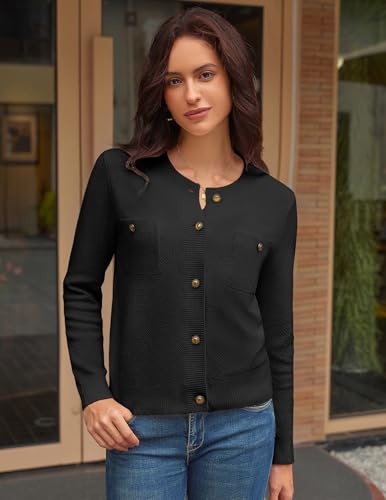 GRACE KARIN Women 2025 Tweed Cardigan Sweaters, Casual Lightweight Cropped Cardigan, Early Fall Fashion Knit Blazer Outfits3