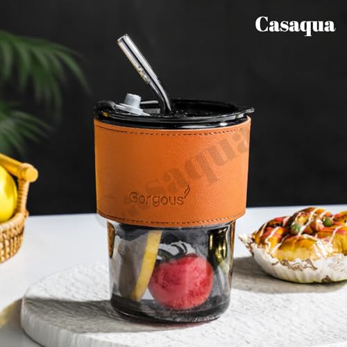 Image of Glass Tumbler with Leather Sleeve & Glass Straw - 400ML, Set of 1, Leakproof Lid, Reusable Travel Coffee Cup for Hot & Cold Drinks, Iced Coffee, Smoothies, Juice, Water, Office (Random Color)