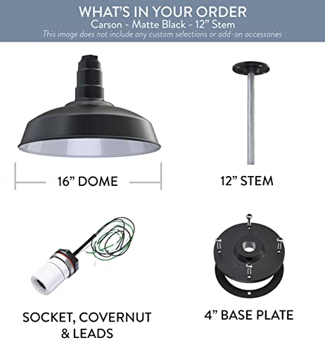 Steel Lighting Co. Carson Barn Light | Ceiling Mounted Pendant | 16 Inch Dome | 12 Inch Stem | Industrial Style Steel Light Made In America | Matte Black Exterior/White Interior #TOP5