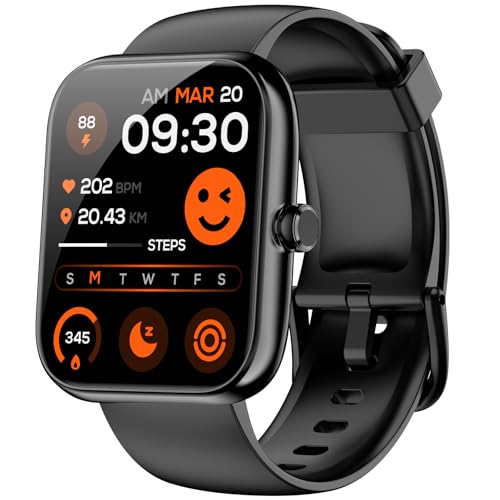 Smart watch with HD touchscreen displaying fitness metrics including heart rate, steps, and date, highlighting features relevant for tech-savvy consumers.