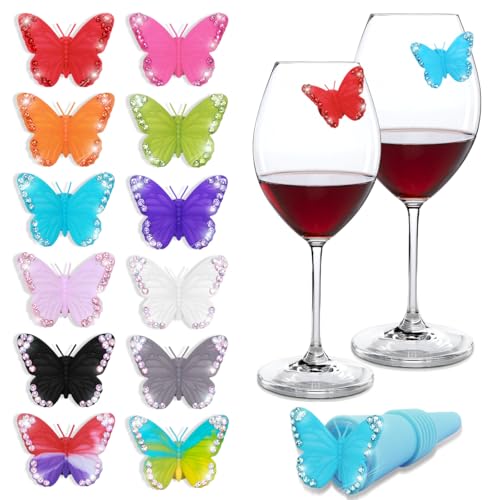 Mifoneix All Saints' Day 12pcs Rhinestone Silicone Beverage Glitter Markers Add a 1pcs Butterfly Stopper Wine Glass Markers Hangings Multicolor Butterfly Labels Wine Glass Identifiers for Bar Party