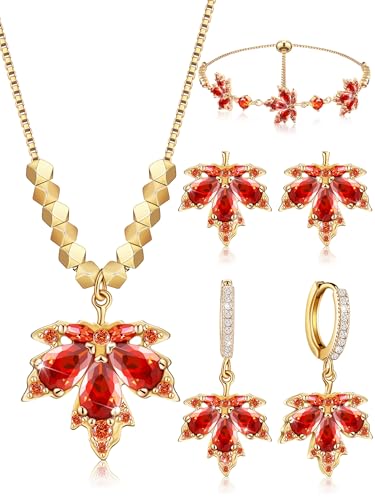 Sasylvia 4 Pcs Autumn Maple Leaf Fall Jewelry Set for Women Necklace Rhinestone Bracelet 2 Maple Leaf Earring Accessory Gift