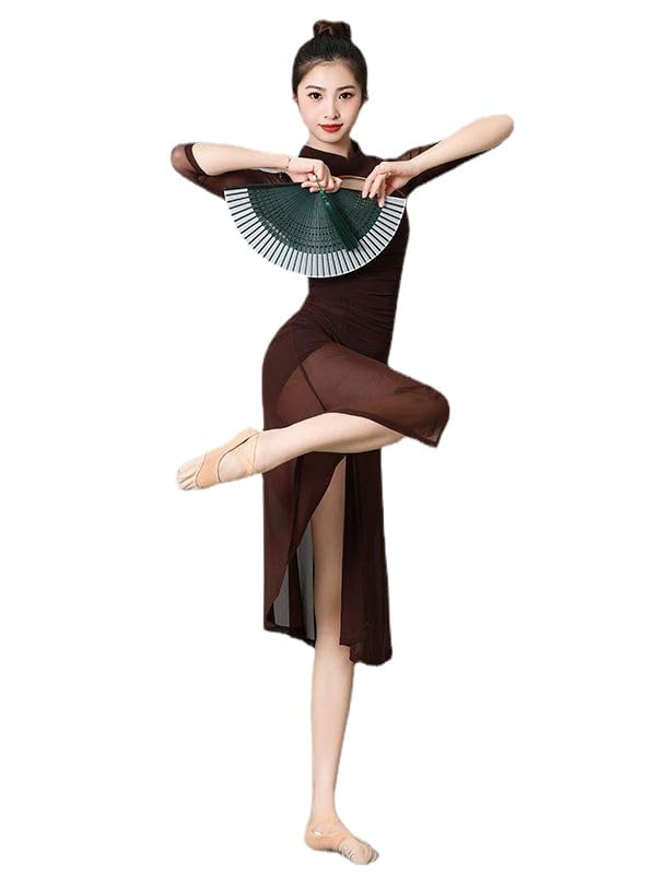 HEARTTOUCH Women Chinese Style Cheongsam Slit Mesh Dress with Shorts Long Ballet Modern Lyrical Dance Costumes Dancewear (Brown,S,Small)