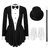 TSSOE Womens Dance Dress Contrast Color Tuxedo Magician Cosplay Costume Bowknot Long Sleeve Dancewear 4pcs Medium