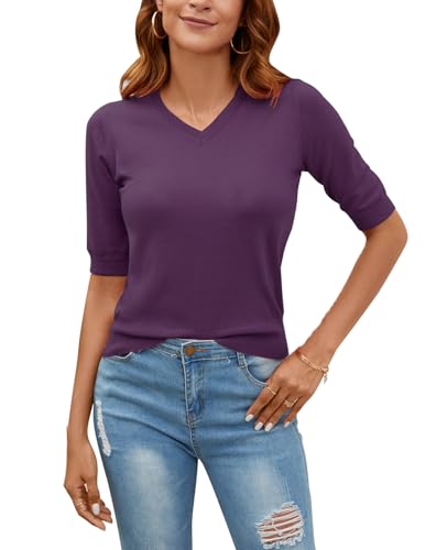 Image of Women Summer Knit Shirt Blouse V Neck Short Sleeve Pullover Sweater Tops