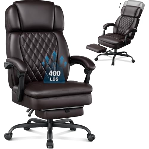 Image of 400lbs Executive Office Chair with Foot Rest for Heavy People, Ergonomic Big and Tall Desk Chair with Adjustable Headrest, High Back PU Leather Comfy Heavy Duty Computer Chair