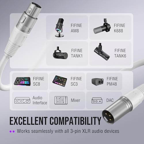 Image of FIFINE XLR Cable 10ft, Male to Female Microphone Cable with Balanced 3-Pin Mic, Studio Quality Audio Cord for Podcasting, Streaming, Recording, Home Studio,Compatible AM8W, K688W-L9W White