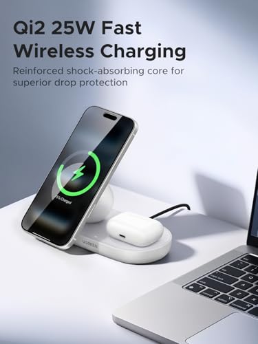 Image of UGREEN 25W Magnetic Wireless Charger Stand, Qi2.2 Certified MagSafe Compatible 2 in 1 Charging Station for iPhone 17 16 15 and AirPods Pro, Pixel, Office Desk Accessories, White