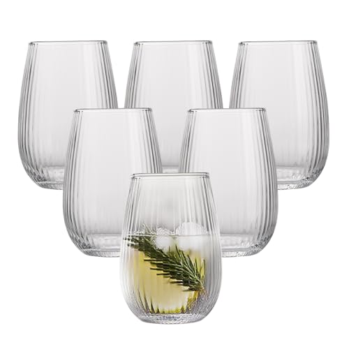 Ribbed Glass Mugs Set of 6, 400ml Dishwasher Safe Drinking Cups, Crystal Glassware Highball Glasses Set of 6, Elegant Ribbed Design, Perfect for Everyday Use and Entertaining