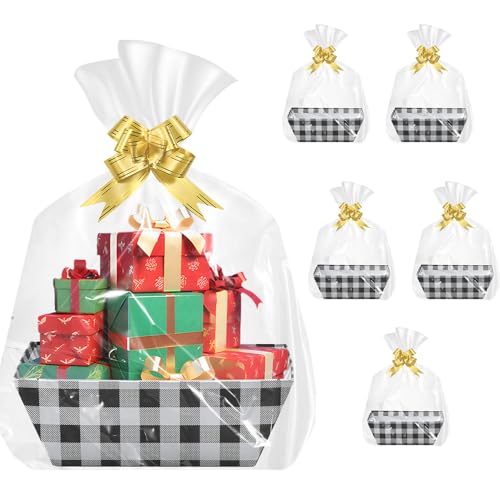 YBCCBY 5 Cestas de Regalo de Cartón, 25 * 17 * 9CM Cesta de Regalo de Cartón Vacía con Asa Cesta de Regalo Vacía con Lazos y Bolsas de Regalo Transparentes para Festivales Vacaciones Regalos