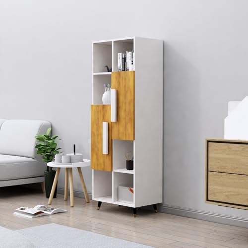 Image of Bniture Bookshelf for Home | Engineered Wood Book Shelf with 2 Door & 6 Shelf | Open Book Shelf Stand for Library | Multipurpose Display Organizer for Living Room & Study | Frosty White & Giant Wood