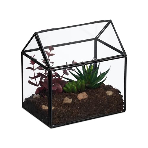 Relaxdays Pflanzenterrarium, Glas & Zinn, Deko Glashaus für Kakteen & Moos, Glaskasten für Fensterbank, schwarz