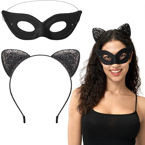 Spooktacular Creations Glitter Cat Ears Headband and Black Cat Masquerade Mask, 2PCS Black Cat Costume Accessories set for kids Adults Halloween Cosplay, Dress Up Party Outfits Props