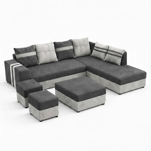 Image of Stova Luxe Velvet-Suede Fabric 8 Seater RHS Sofa Set | with 2 Ottomans& Centre Table| Comfortable & Spacious Seating | Modern Sofa Set for Living Room - Light Grey & Dark Grey