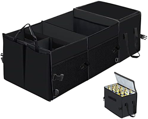 X-cosrack Car Trunk Organizer, Washable Large Capacity with Insulation Cooler Bag, Adjustable Multi Compartments Cargo Storage Organizer,To Suit Any In-vehicle,Collapsible(Black)