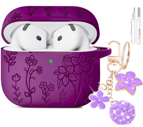 Image of for AirPods 4 Case, Soft Silicone Flower Engraved Cases Pink | with Cleaner & Foral Charm Keychain, Cute Girly Stylish Women AirPods 4 Accessories - Shockproof, Scratch & Dust Resistant