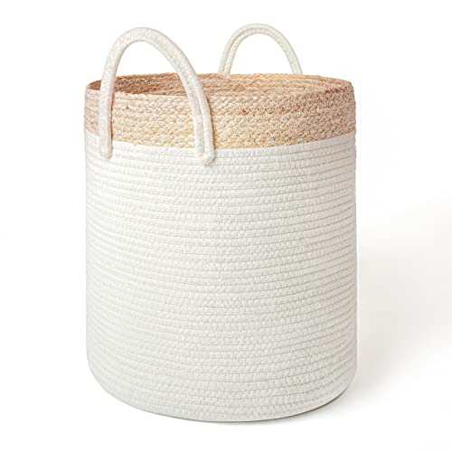 Image of Woven Basket Rope Storage Basket - Large Cotton Organizer 16 x 14 x 14 Inches, Natural and Safe For Baby and Kids, Two-Tone Woven Organizer with Corn Skin