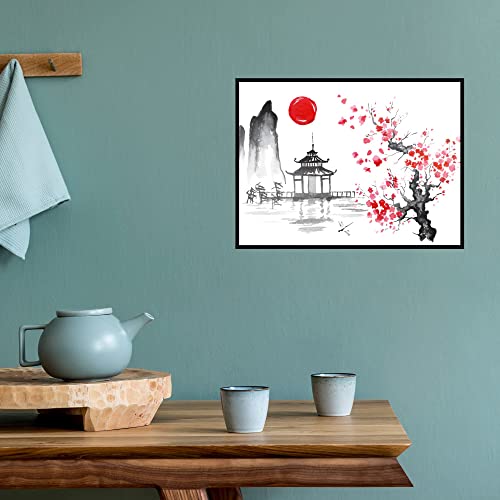 Poster paesaggio stile giapponese acquerelli