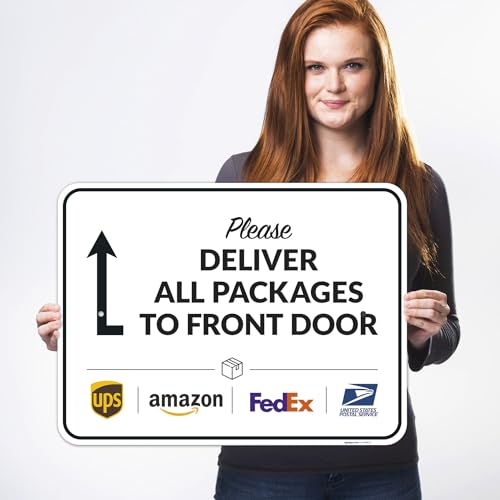 Image of Package Delivery Sign, Delivery Instructions Deliver All Package to Front Door Up Arrow Sign, 18x24 Inches, Rust Free .063 Aluminum, Fade Resistant, Made in USA by Sigo Signs