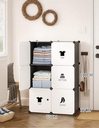 Image of LUHI Plastic Wardrobe for Kids Clothes - Easy to Use Anti-Skid & Non-Slip Effective Professional, Plastic Cupboard for Kids, Foldable Almirah, Collapsible Wardrobe (Black I5, 6-Shelf-6-Door)