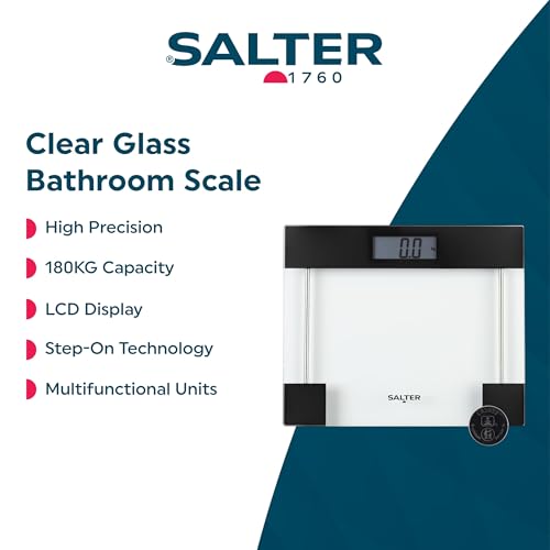 Salter Clear Glass Bathroom Scale – Body Weight Measurements, Toughened Platform, 180Kg/400Lbs Capacity, Lcd Digital Display, Compact, Instant Readings, Kg/St/Lbs, Transparent/Black - 2